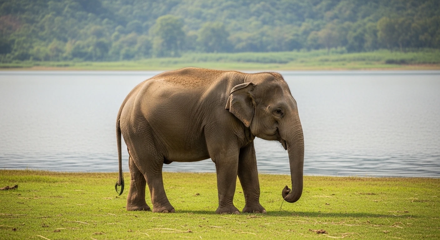 A majestic, free-roaming elephant peacefully eating grass near the shores of Lak Lake, observed from a distance