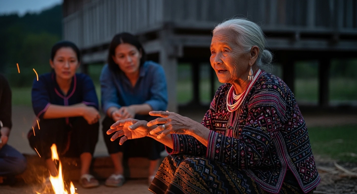 A M'Nong elder sharing a story with visitors by a fire outside a traditional longhouse