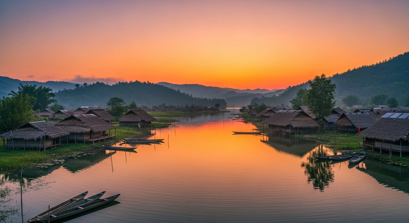 A panoramic view of Lak Lake with traditional longhouses and dugout canoes on the water