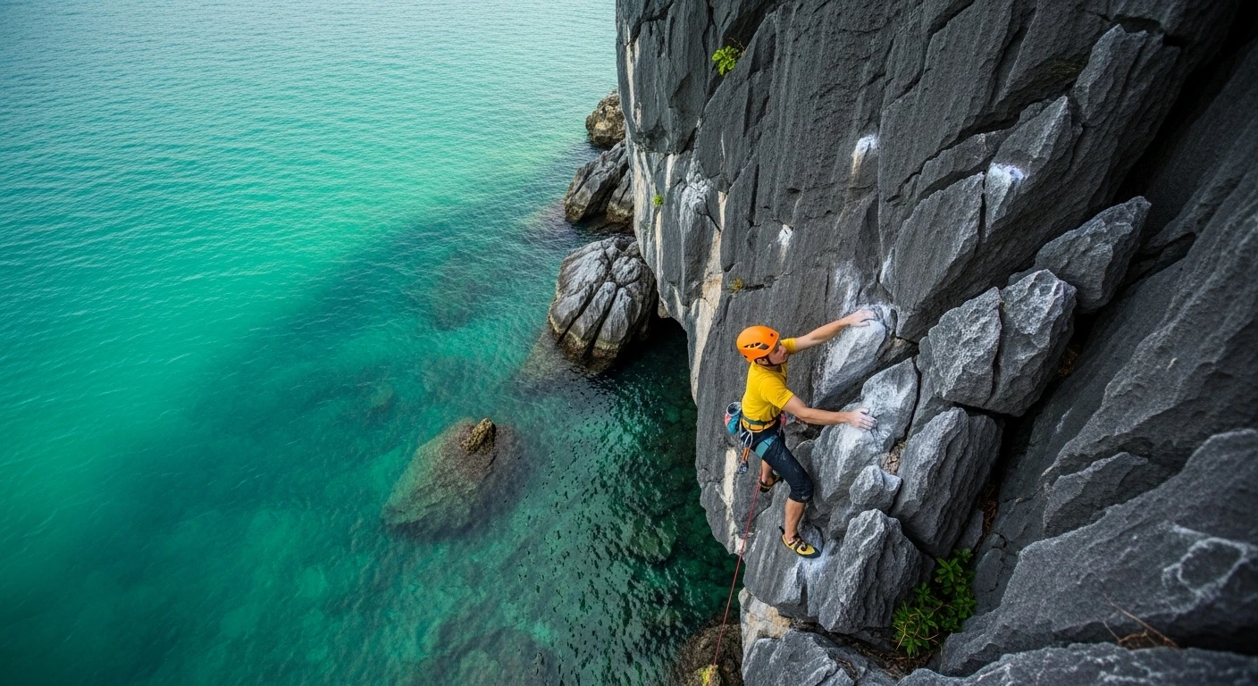 A rock climber scaling a vertical limestone cliff face directly over the turquoise water of Lan Ha Bay