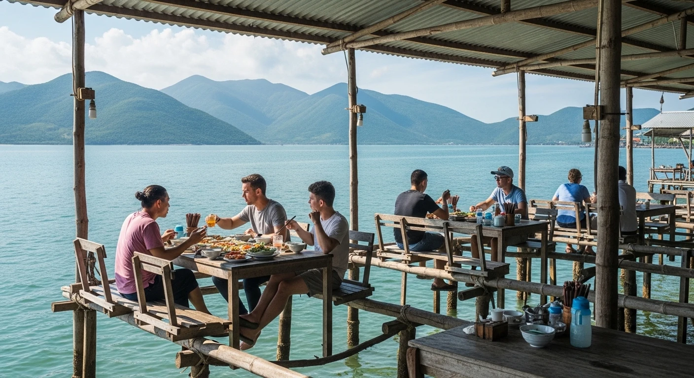 Rustic stilt restaurant on Lang Co Bay, with diners enjoying seafood and the view.