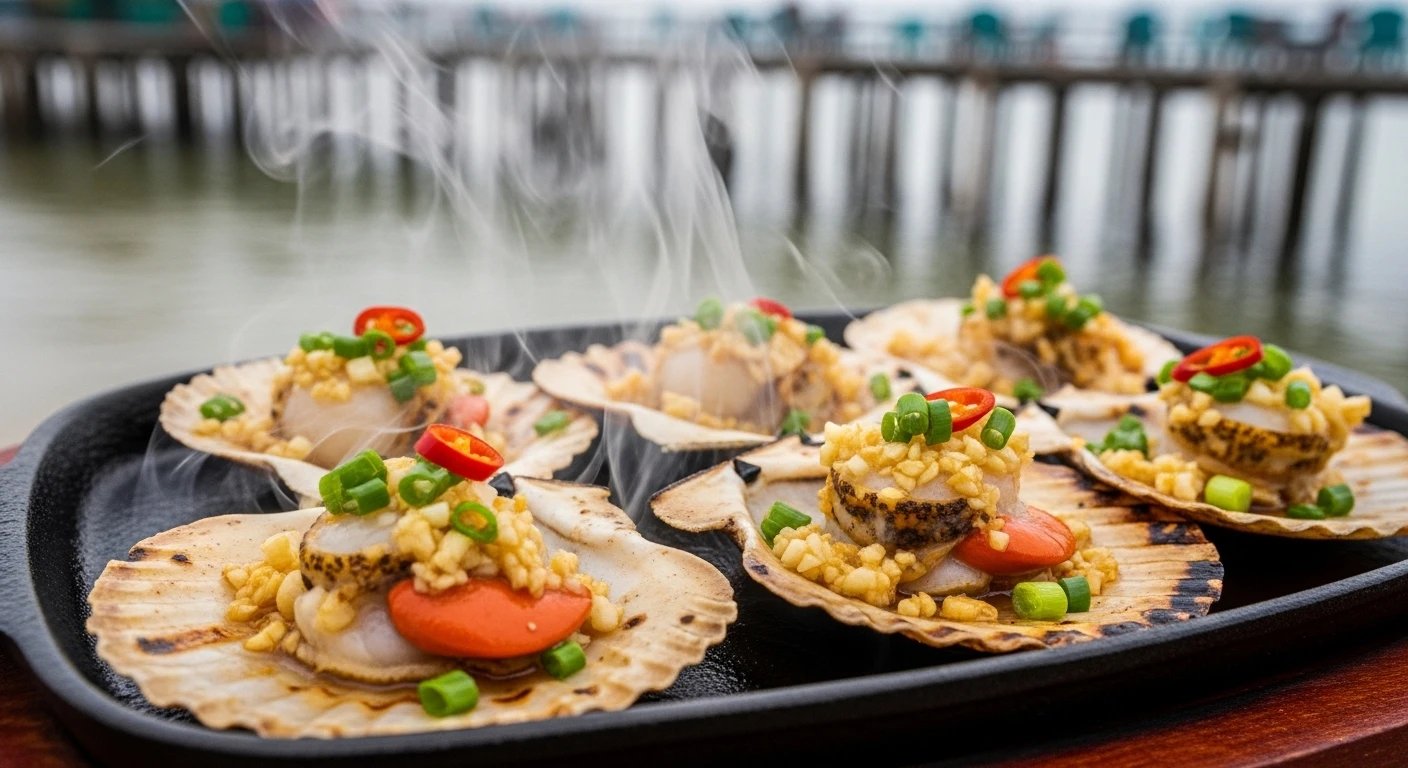 Sizzling plate of grilled scallops with garlic and herbs, presented over the water at Lang Co Bay.