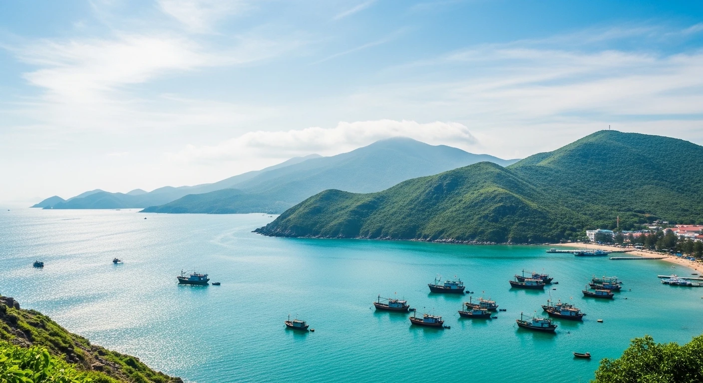 Panoramic view of Lang Co Bay with the Hai Van Pass mountains in the background and boats on the water.