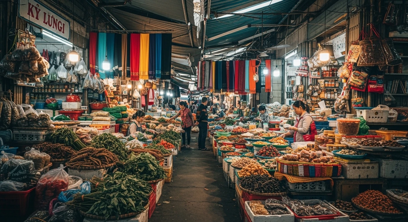 A bustling scene inside Ky Lua Market with vendors and shoppers