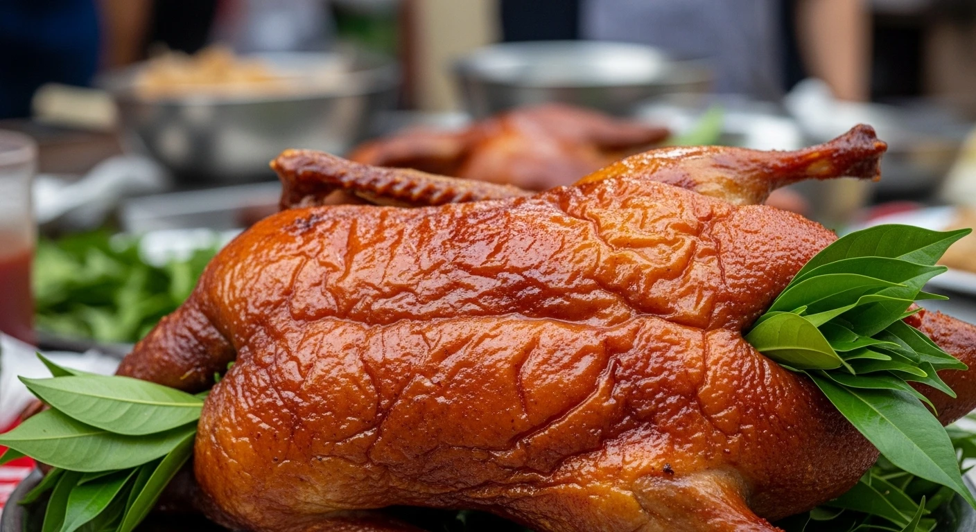A close-up of a perfectly roasted duck with crispy skin, stuffed with Mac Mat leaves