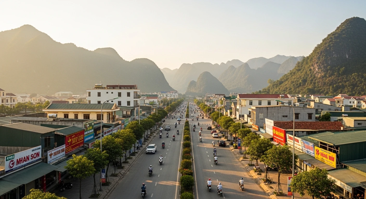 A panoramic view of Lang Son border town with mountains and busy streets