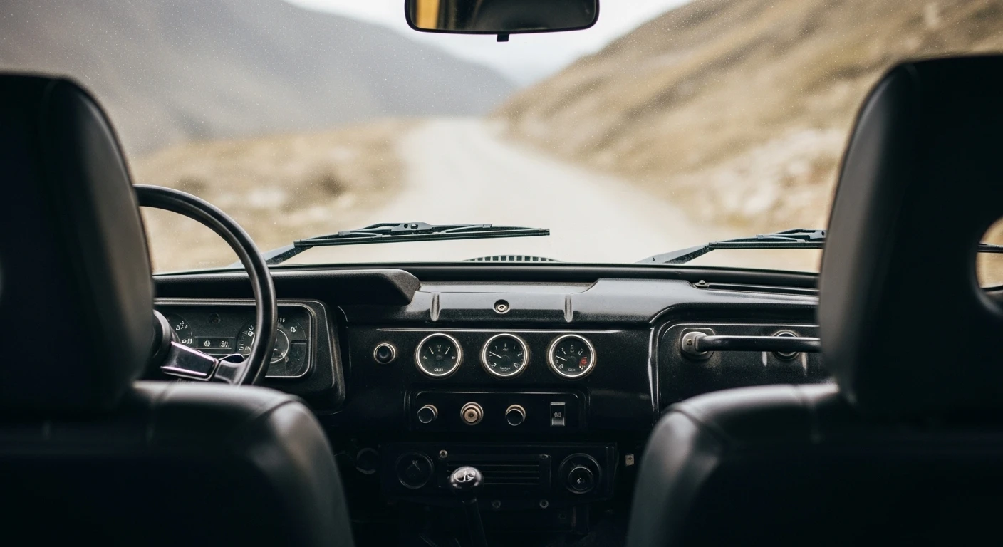 A close-up of the interior of a UAZ jeep, showing the dashboard and sturdy seats, with a glimpse of the mountain road ahead.