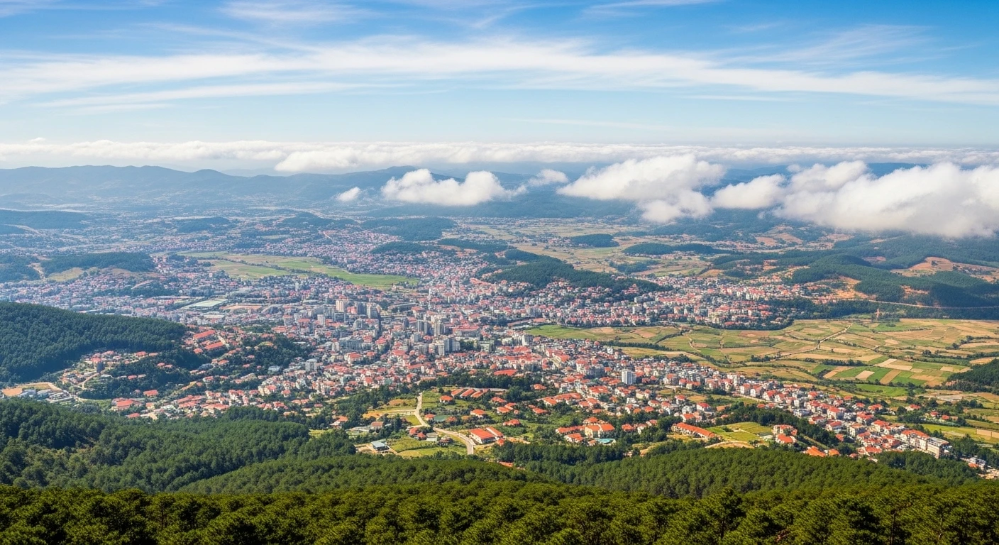 Panoramic view from the top of Langbiang Mountain, showing Da Lat city nestled in a valley of green hills, with wisps of clouds.
