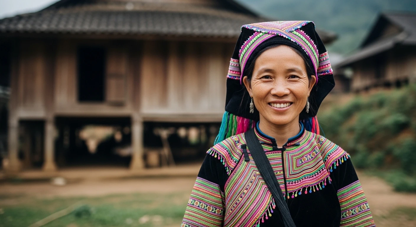 A K'Ho ethnic minority woman in traditional attire smiling, standing in front of a simple wooden house in a village at the foot of Langbiang Mountain.