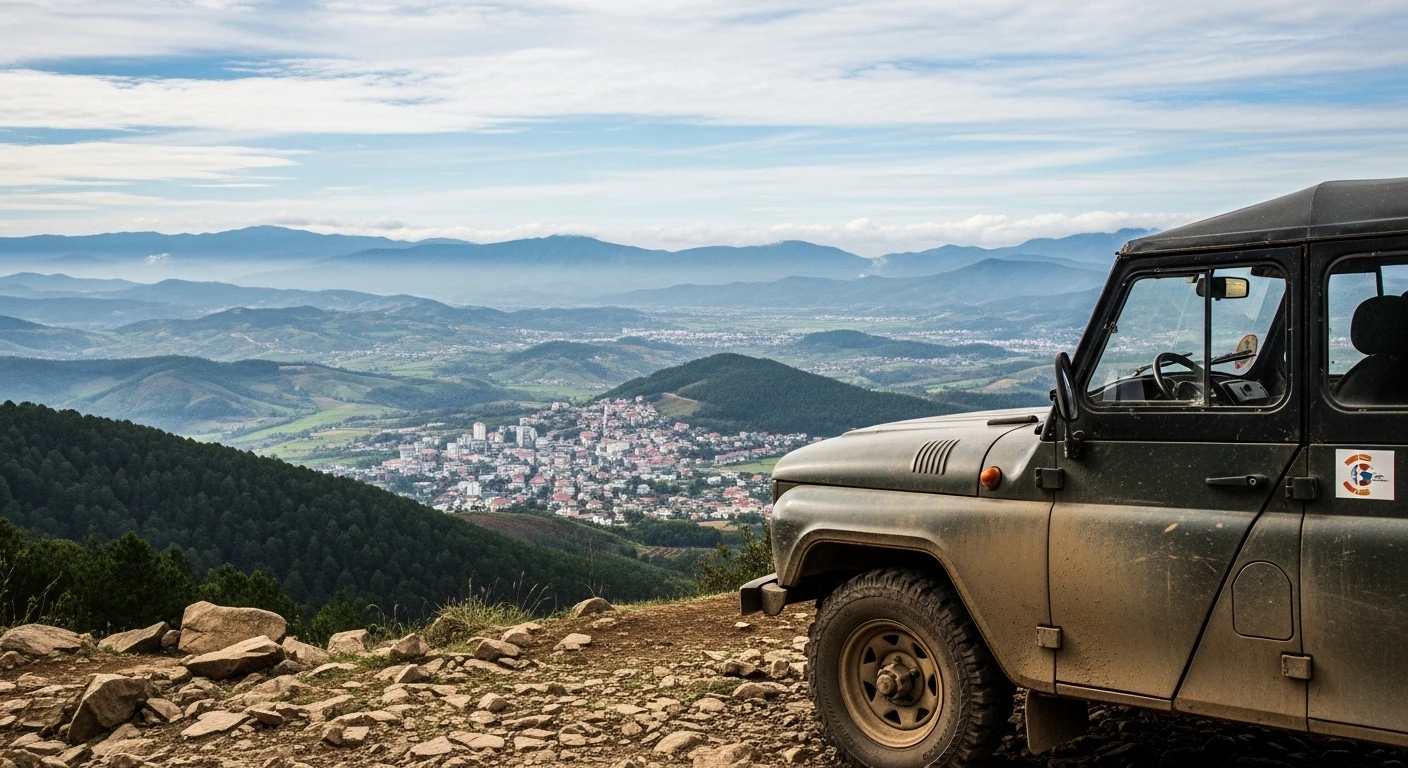 A vintage UAZ jeep parked on a rocky path leading up to Langbiang Mountain, with Da Lat valley visible below.