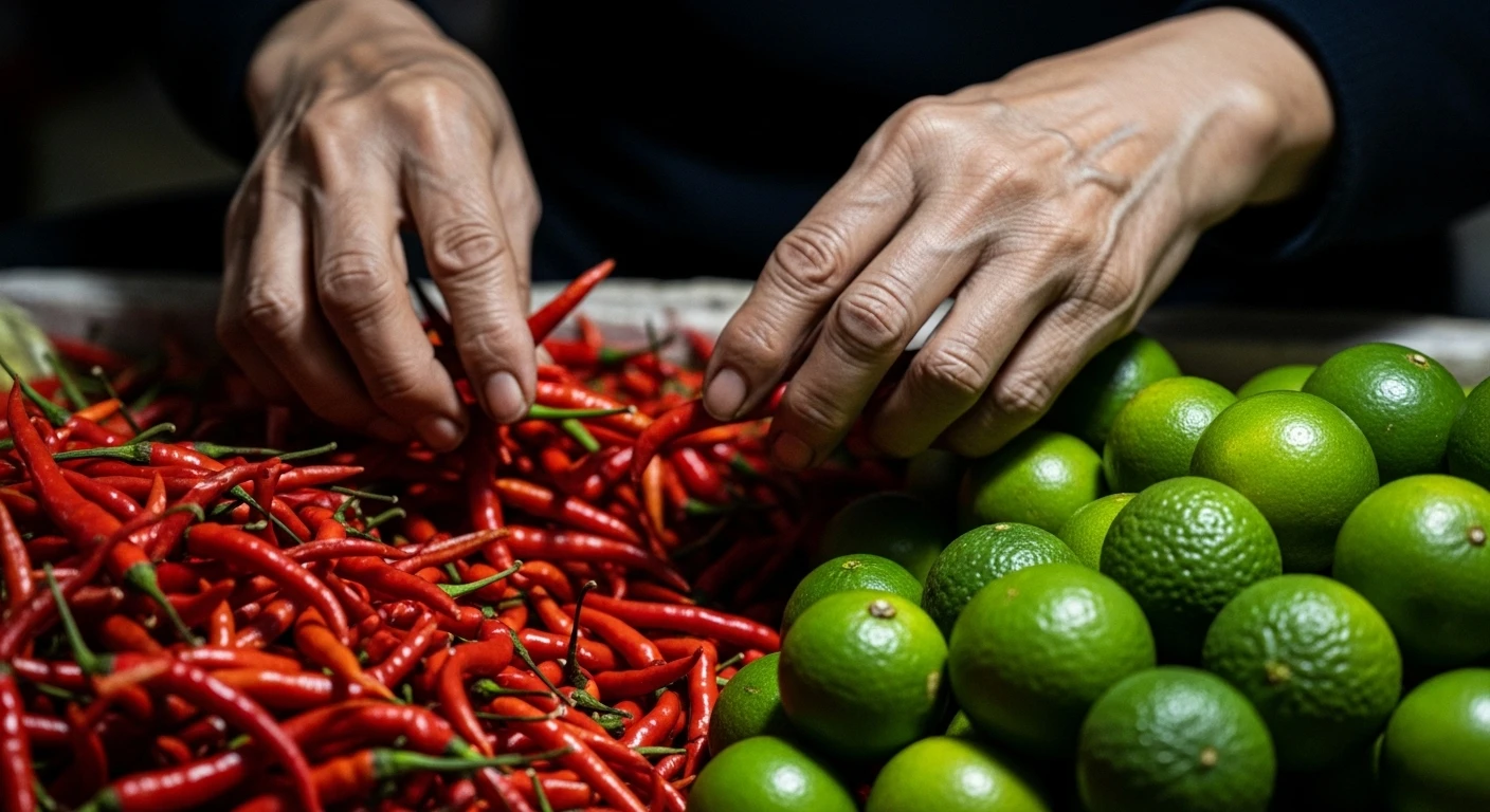 Close-up of a vendor's hands expertly sorting colorful fruits at Long Bien market