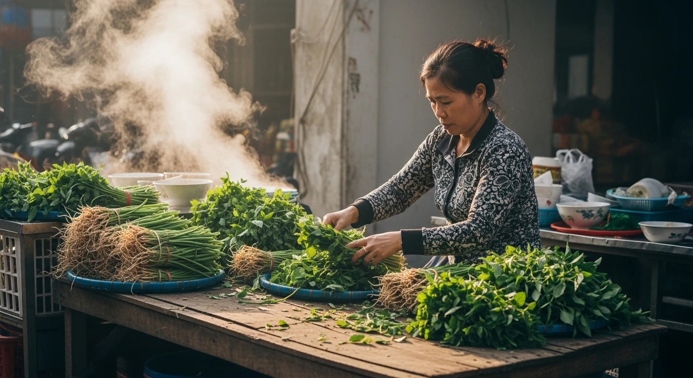 A vendor selling bundles of fresh herbs at Long Bien market under the early morning light