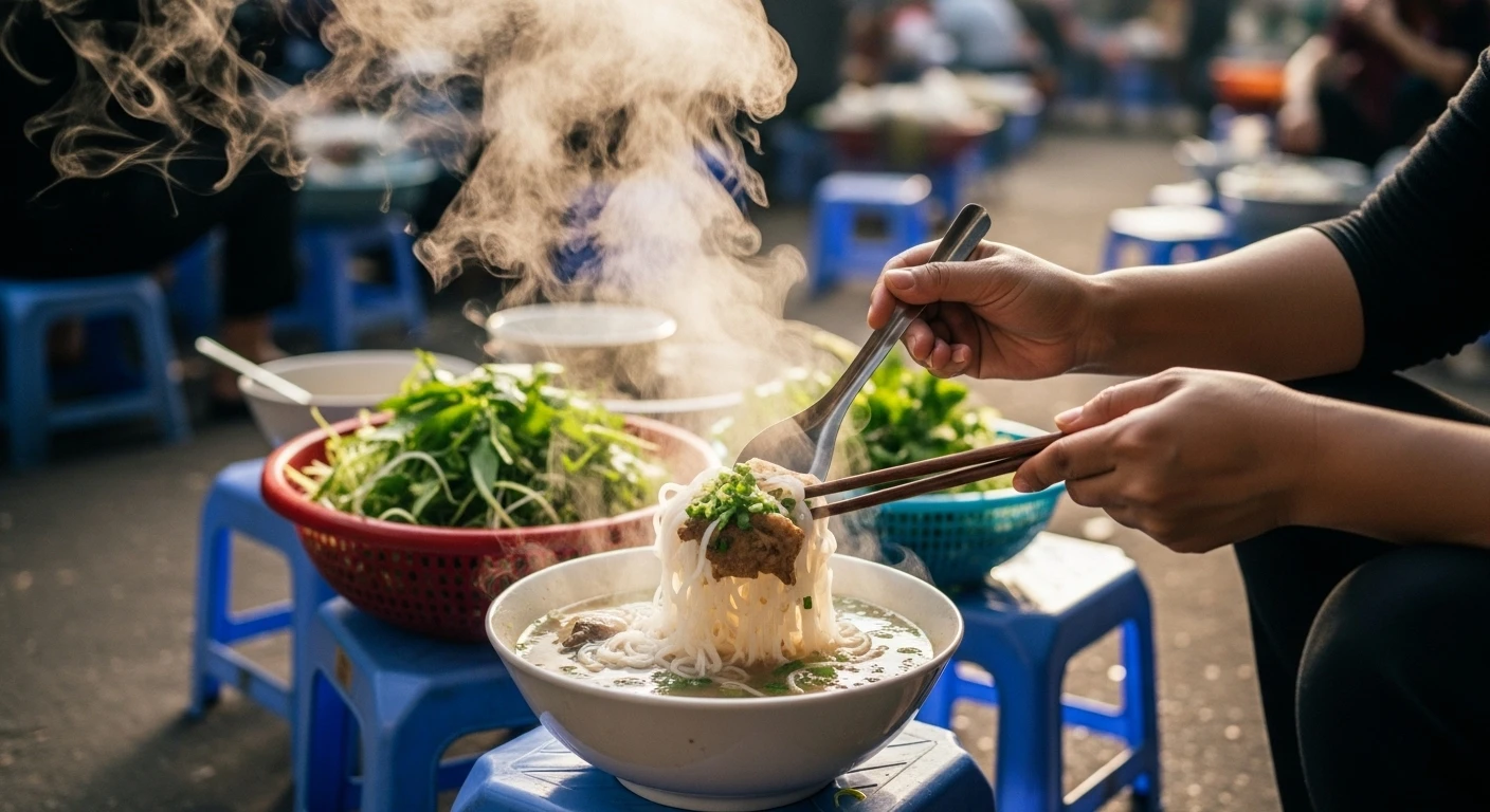 A vendor selling pho at Long Bien market at dawn, with steam rising from the broth