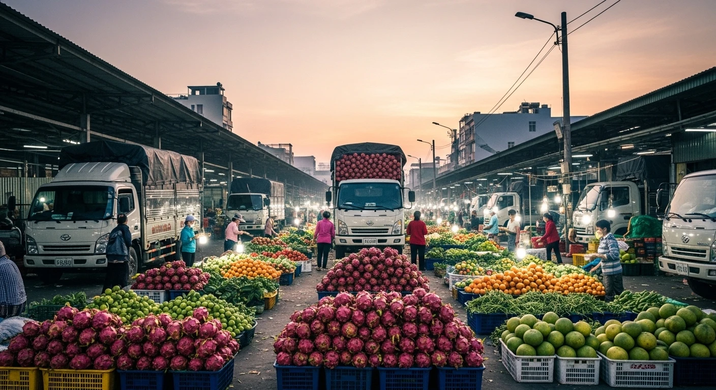 A wide shot of Long Bien market at dawn, with trucks, vendors, and diverse produce under harsh lighting