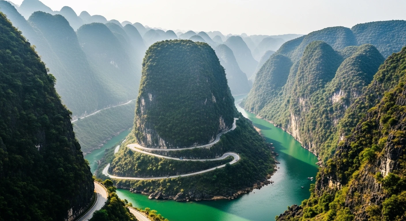 A winding mountain road in Ha Giang with lush green valleys and distant peaks