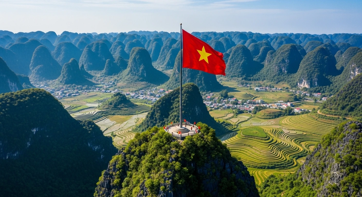 The imposing Lung Cu Flag Tower standing tall against a vast Ha Giang sky