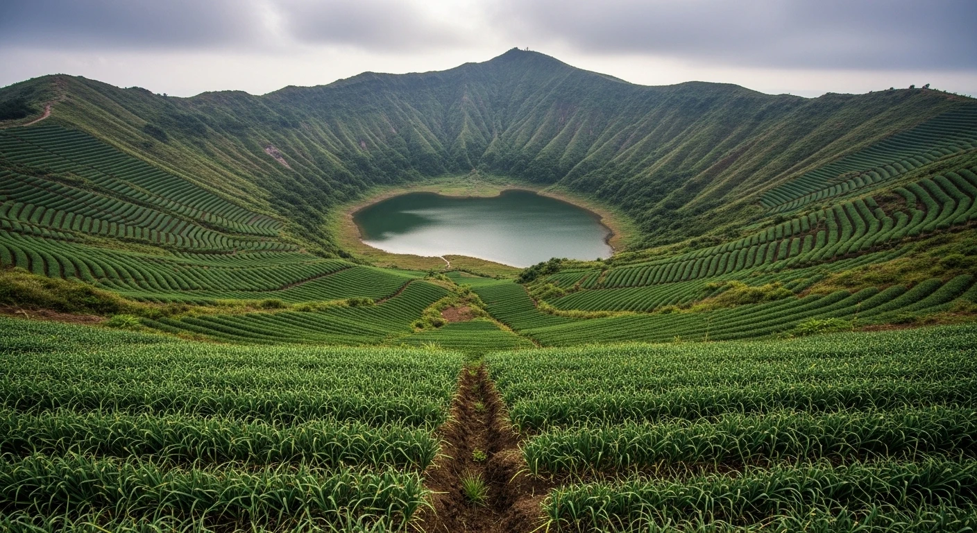 View into the massive volcanic crater of Mount Thoi Loi, now a freshwater lake, surrounded by geometric garlic fields