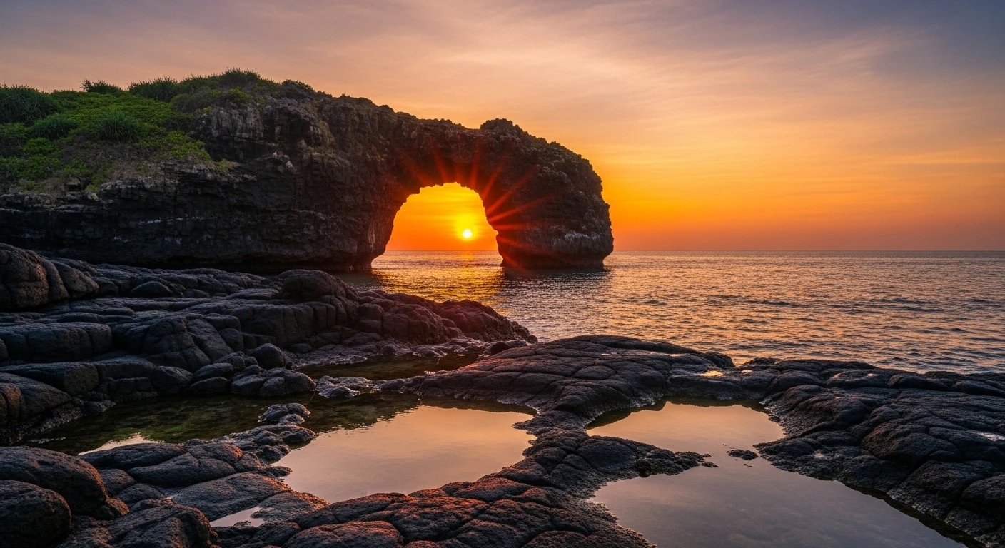 The iconic To Vo Gate at sunset, a natural lava rock arch with the sun setting directly through its opening, casting a golden glow on the water