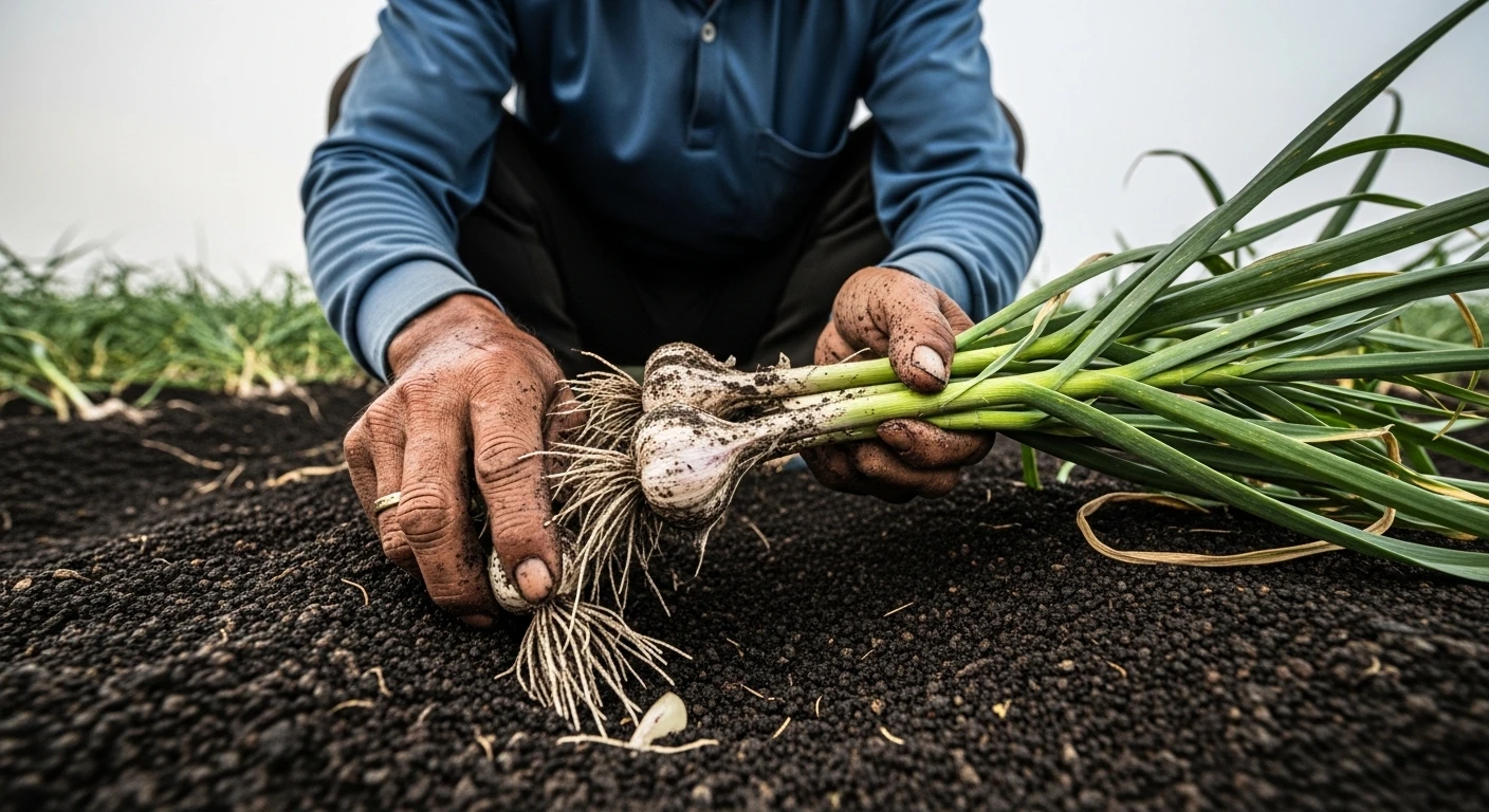 A local farmer harvesting garlic in the fertile volcanic soil of Ly Son Island