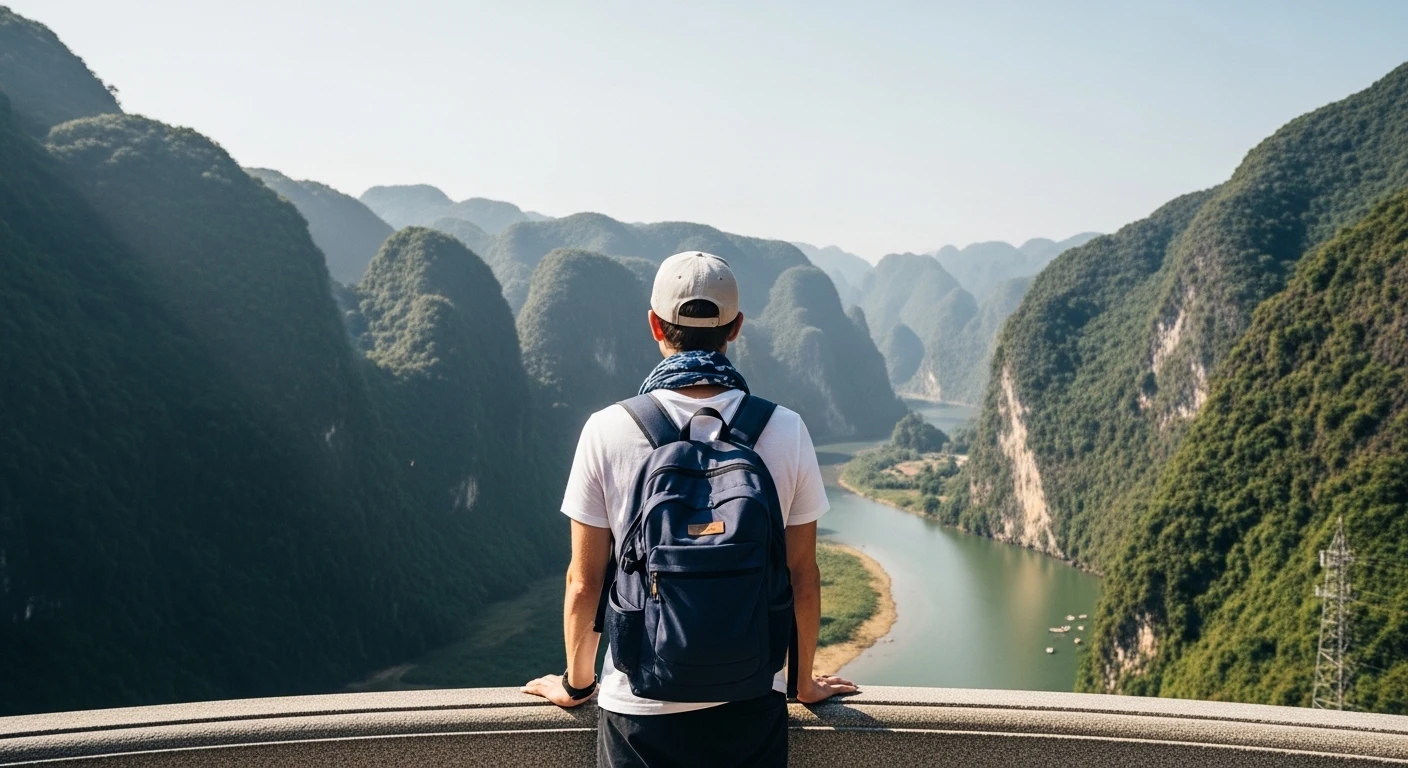 A tourist standing at a viewpoint on Ma Pi Leng Pass, gazing at the Nho Que River