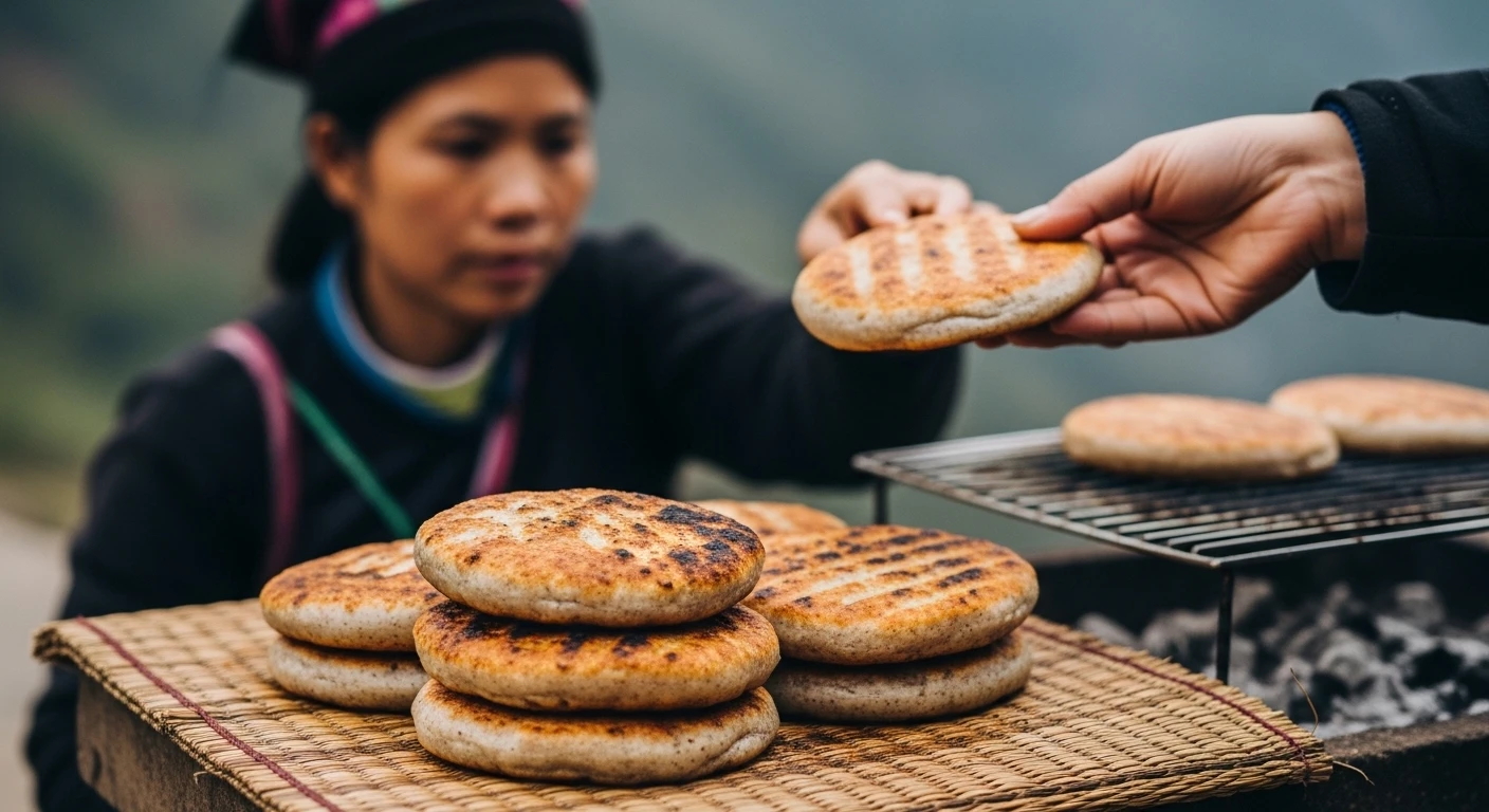 Close-up of freshly grilled buckwheat cakes (bánh tam giác mạch) being sold at a roadside stall on Ma Pi Leng Pass