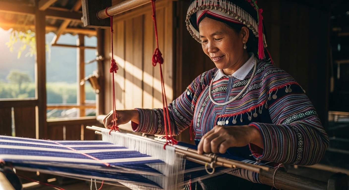 Close-up of a White Thai woman in traditional attire, weaving at a loom inside a stilt house