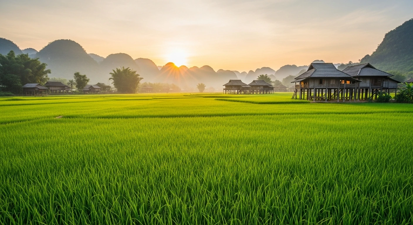 Panoramic view of Mai Chau Valley with lush green rice paddies and traditional stilt houses