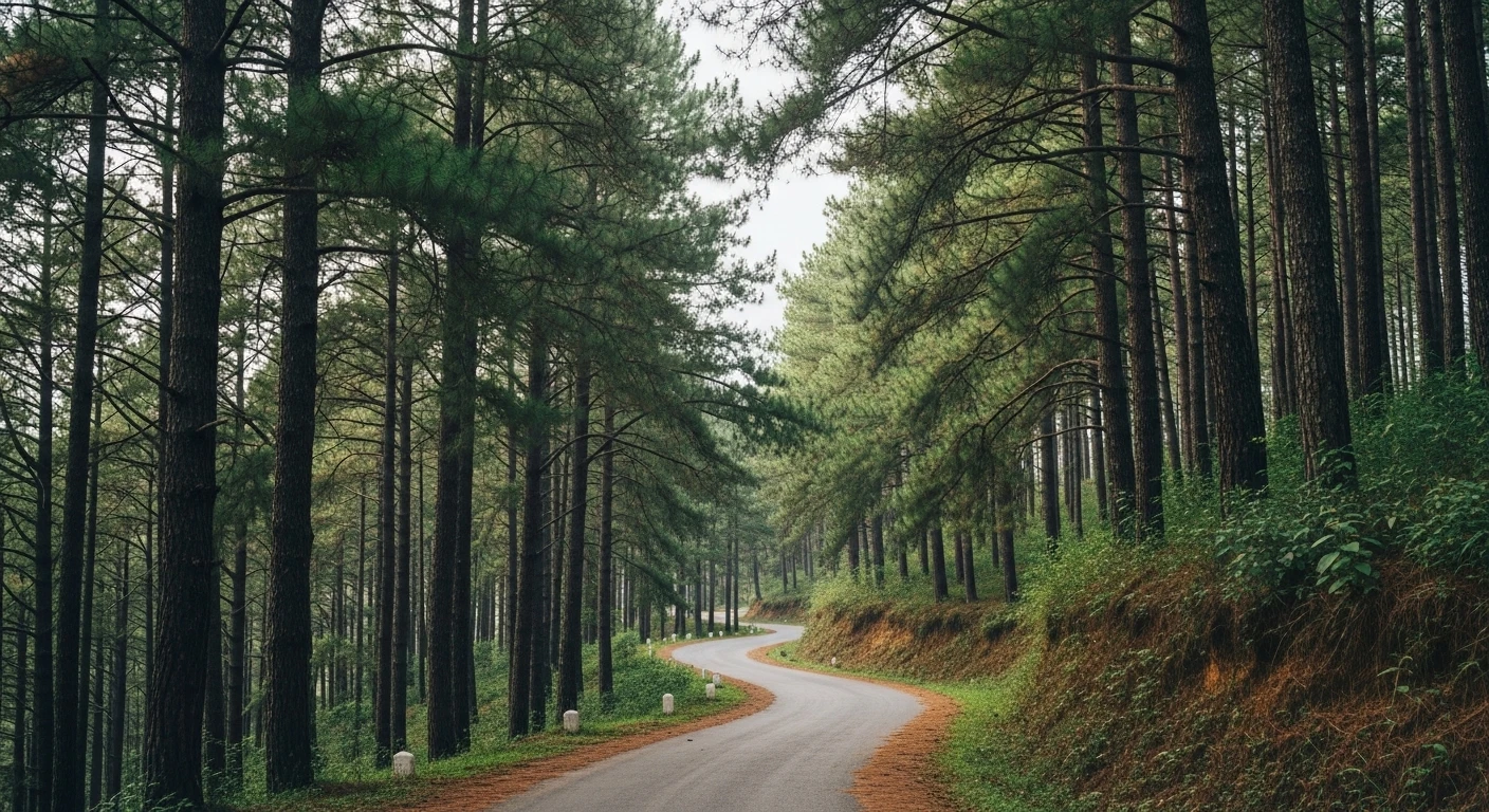 A winding road through a dense pine forest in Mang Den, Kon Tum
