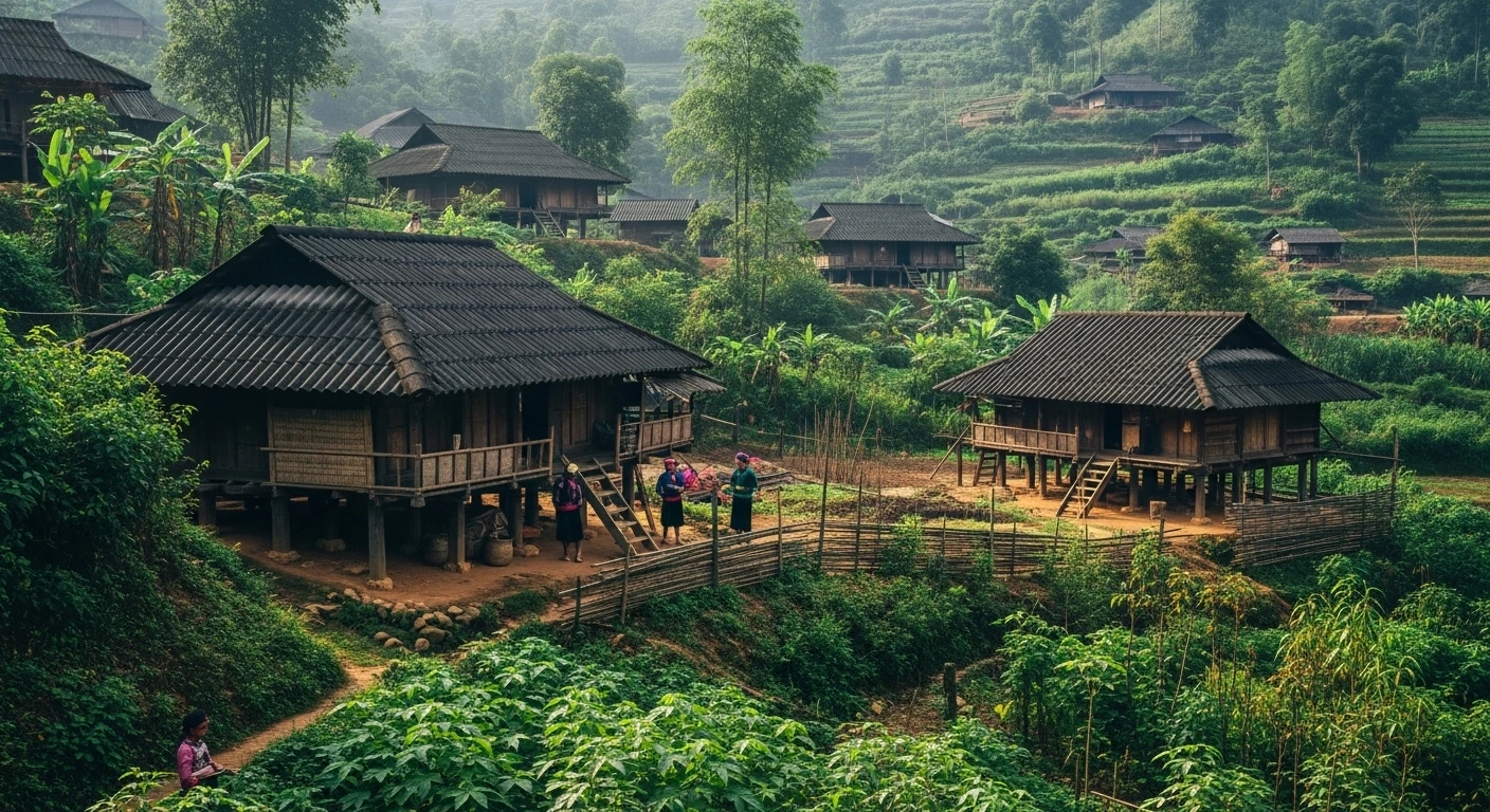 A small ethnic minority village nestled amidst the green hills near Mang Den