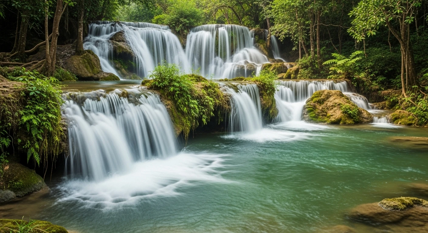 The multi-tiered L'Eau Waterfall (Thác L'Eau) in Mang Den, surrounded by greenery