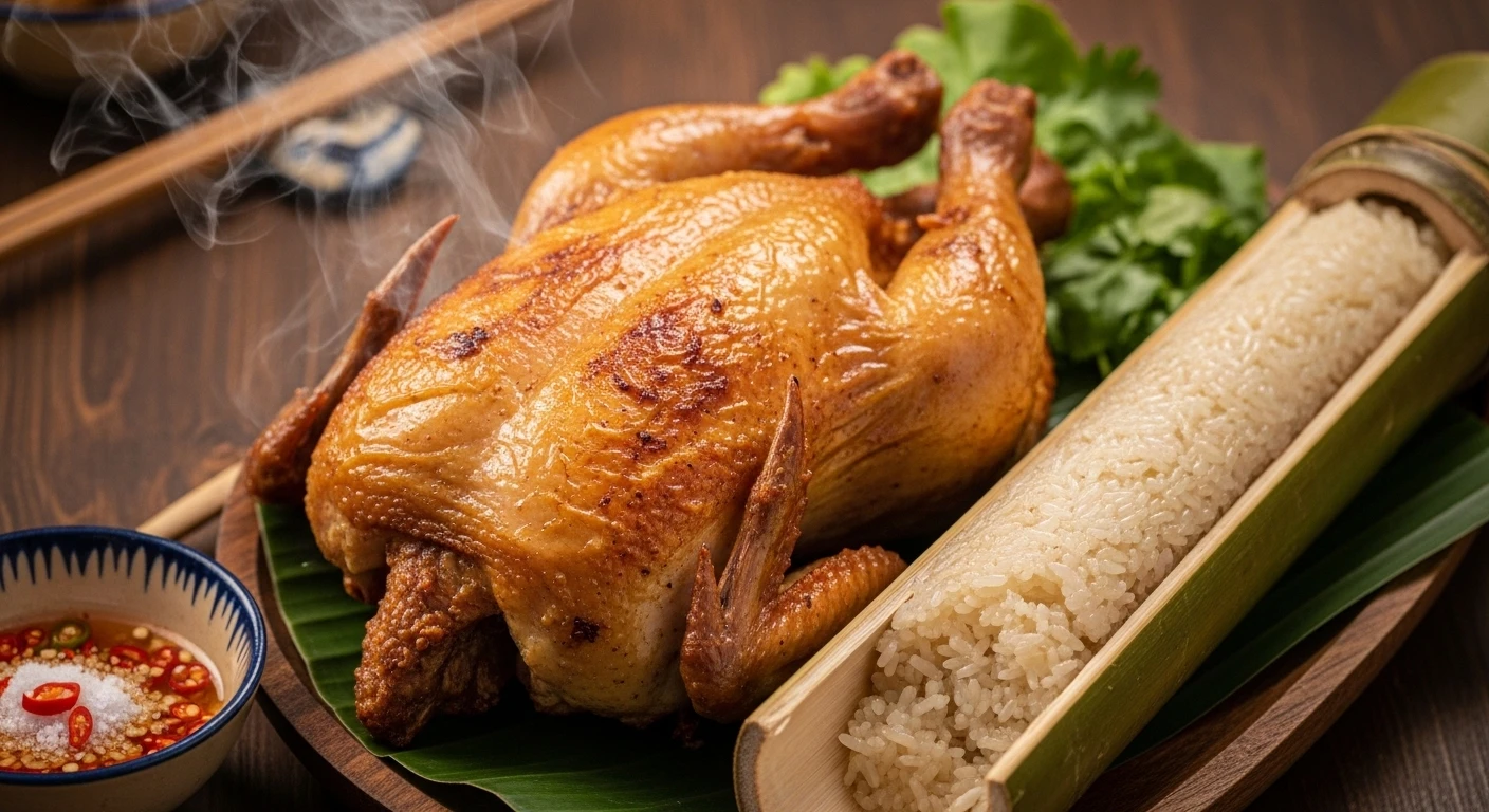 A perfectly roasted chicken with crispy skin served with bamboo rice in Mang Den