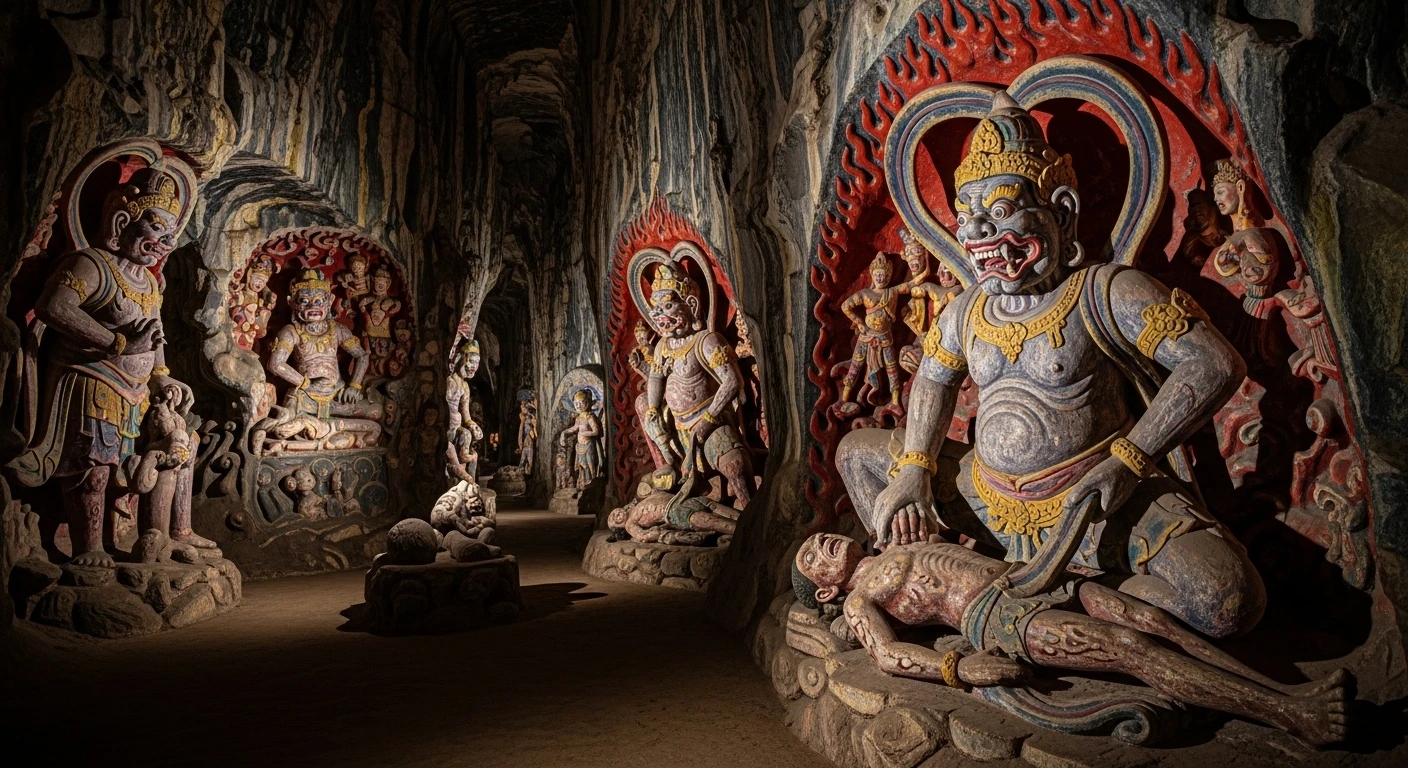 Inside Am Phu Cave (Hell Cave), Marble Mountains, depicting Buddhist hellscapes with demonic figures.