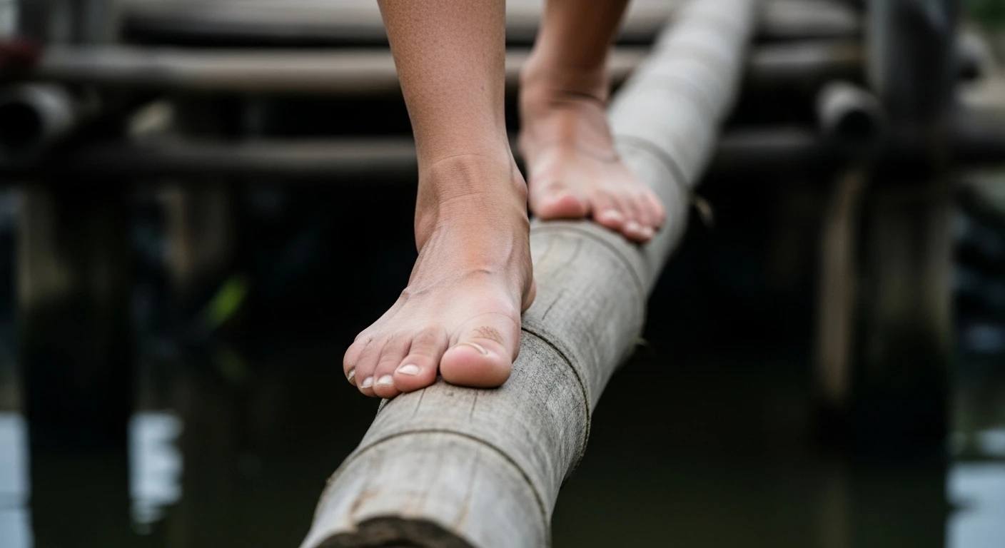 Close-up of a pair of bare feet carefully stepping on a bamboo monkey bridge