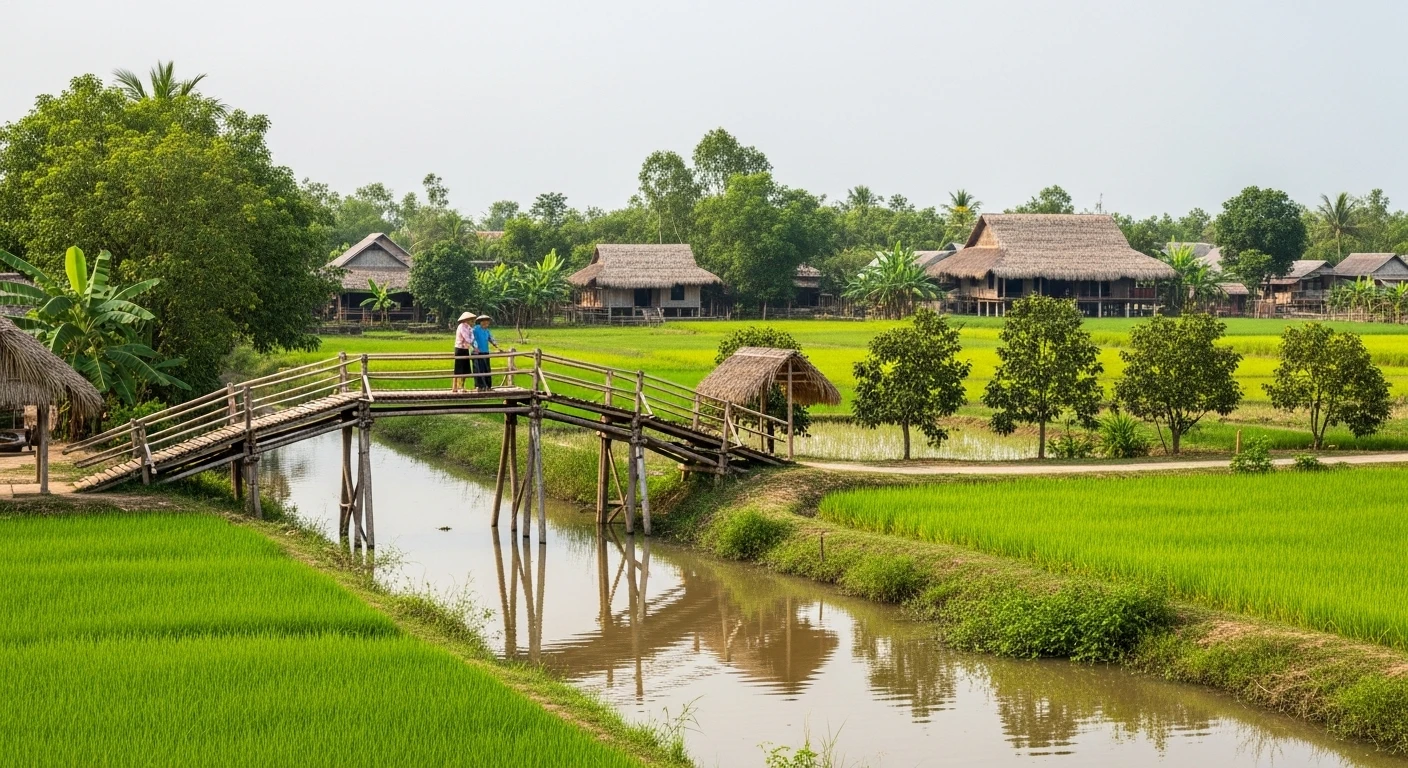A wide shot of a rural Mekong Delta village with a mix of traditional bamboo bridges and modern structures