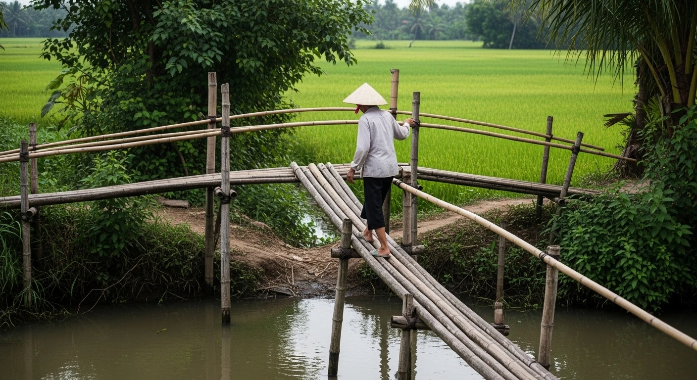 A person carefully crossing a narrow bamboo monkey bridge over a canal in the Mekong Delta