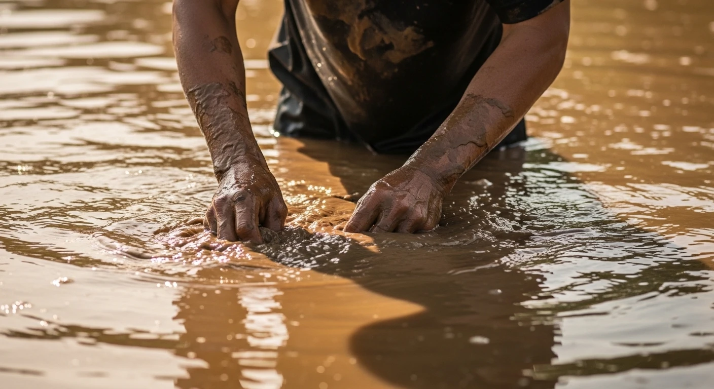 A Vietnamese fisherman wading chest-deep in murky water, hands submerged, feeling for fish