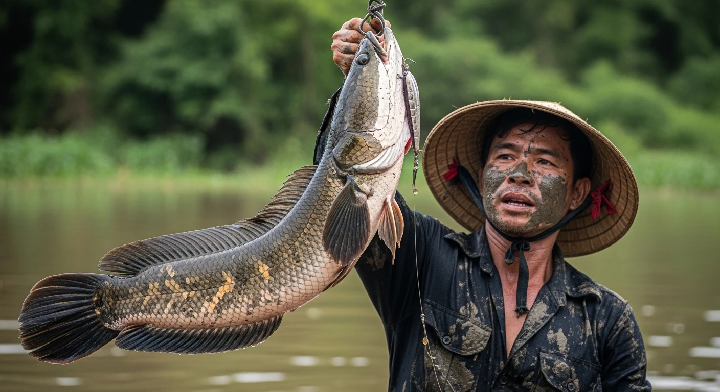 A close-up of a freshly caught snakehead fish, showing its scales and predatory features