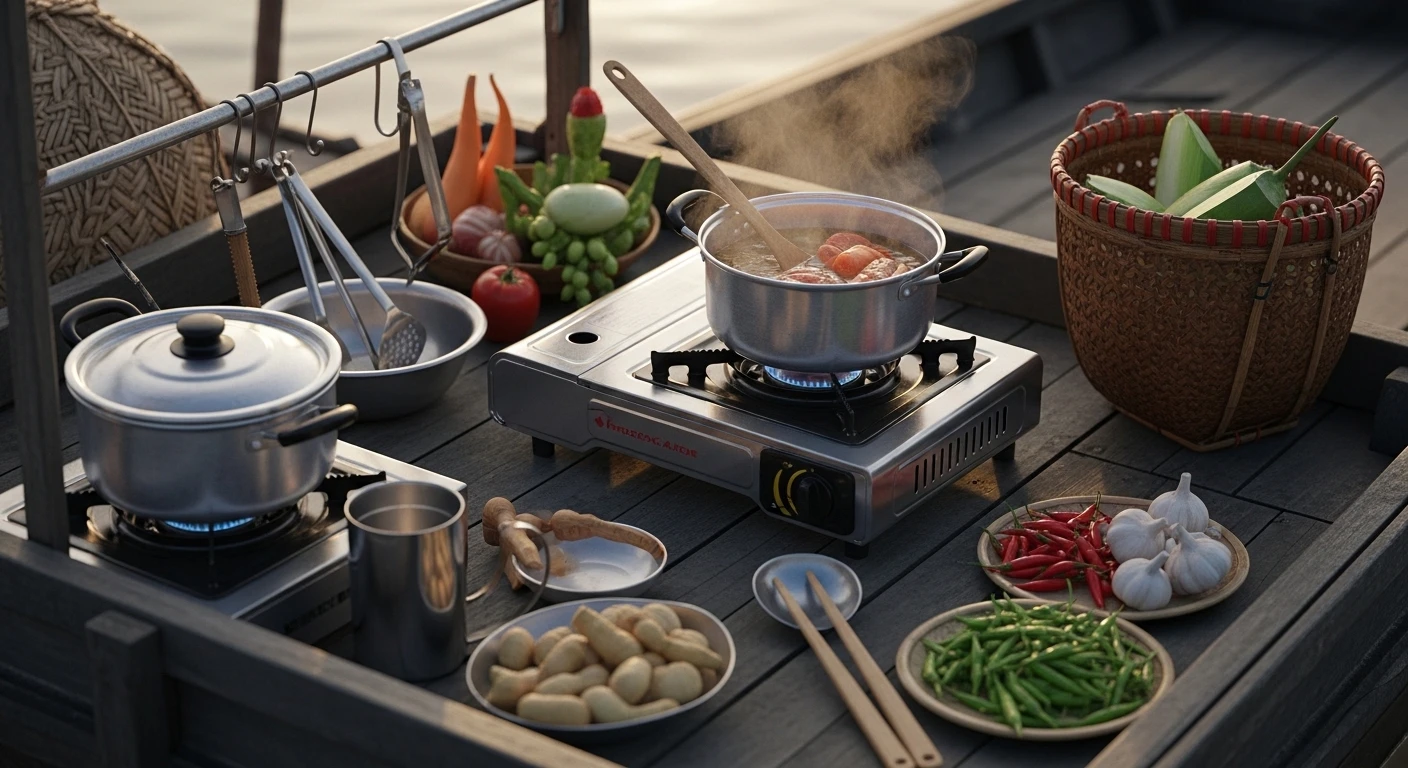 Close-up of a small, functional kitchen setup on a Mekong Delta sampan boat, showing cooking utensils and fresh ingredients