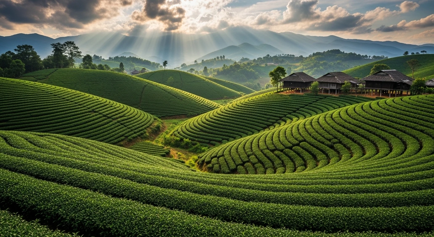 Panoramic view of endless green tea hills in Moc Chau under a cloudy sky