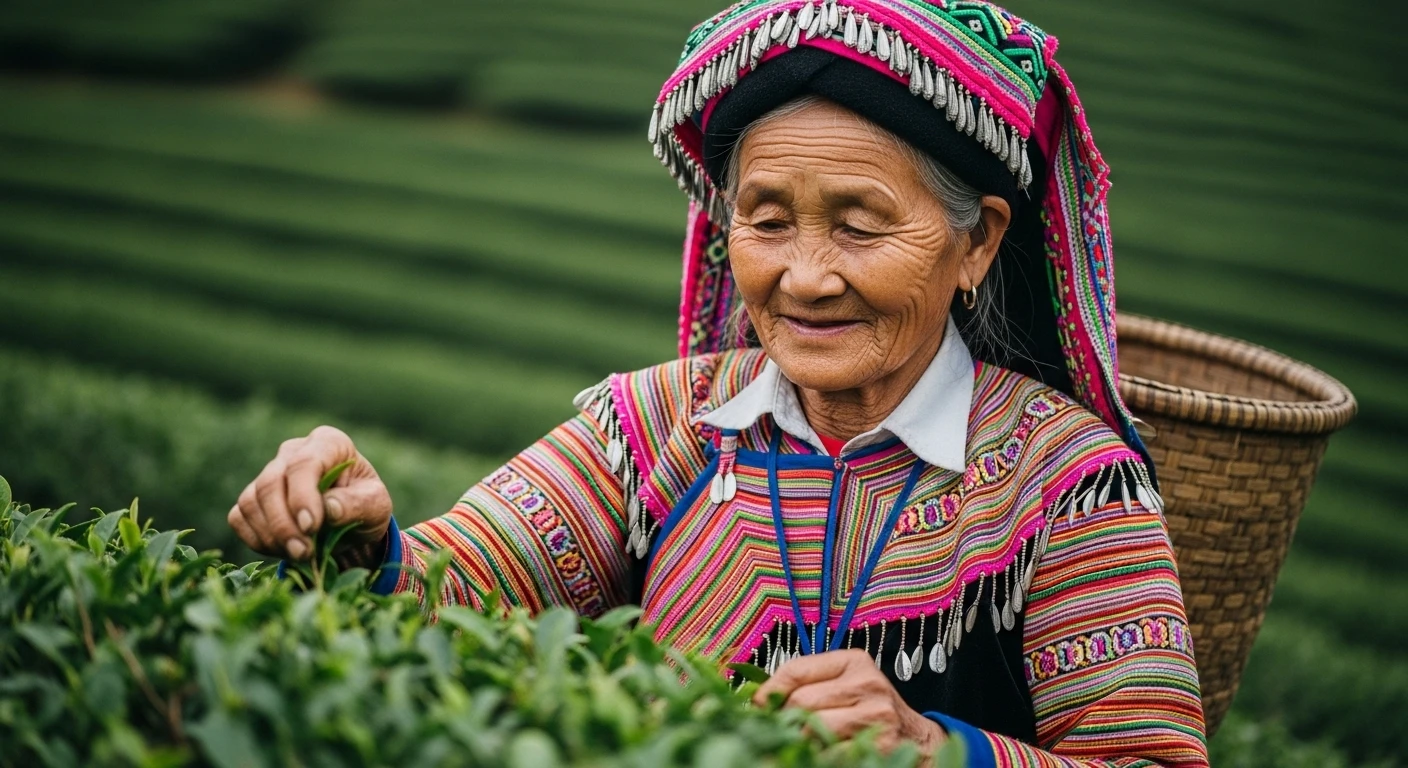 A local woman in traditional attire working amongst the tea bushes in Moc Chau