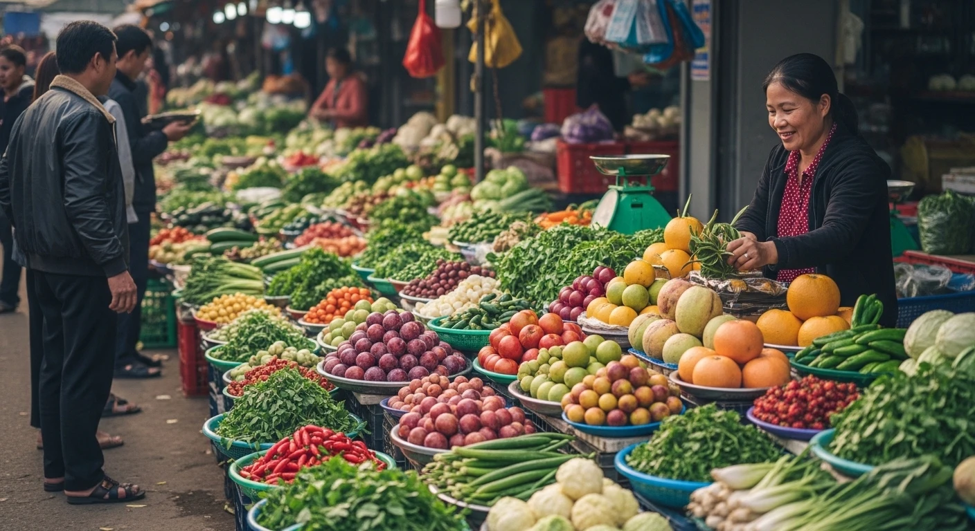 A bustling local market scene in Moc Chau, showcasing fresh produce and local specialties