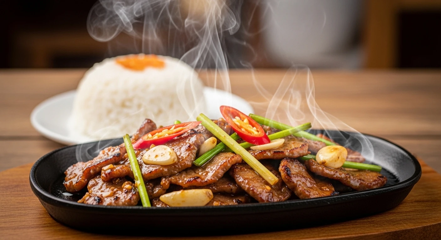 A sizzling plate of Be Chao (fried veal stir-fry) with lemongrass and chili on a rustic table in Moc Chau, Vietnam