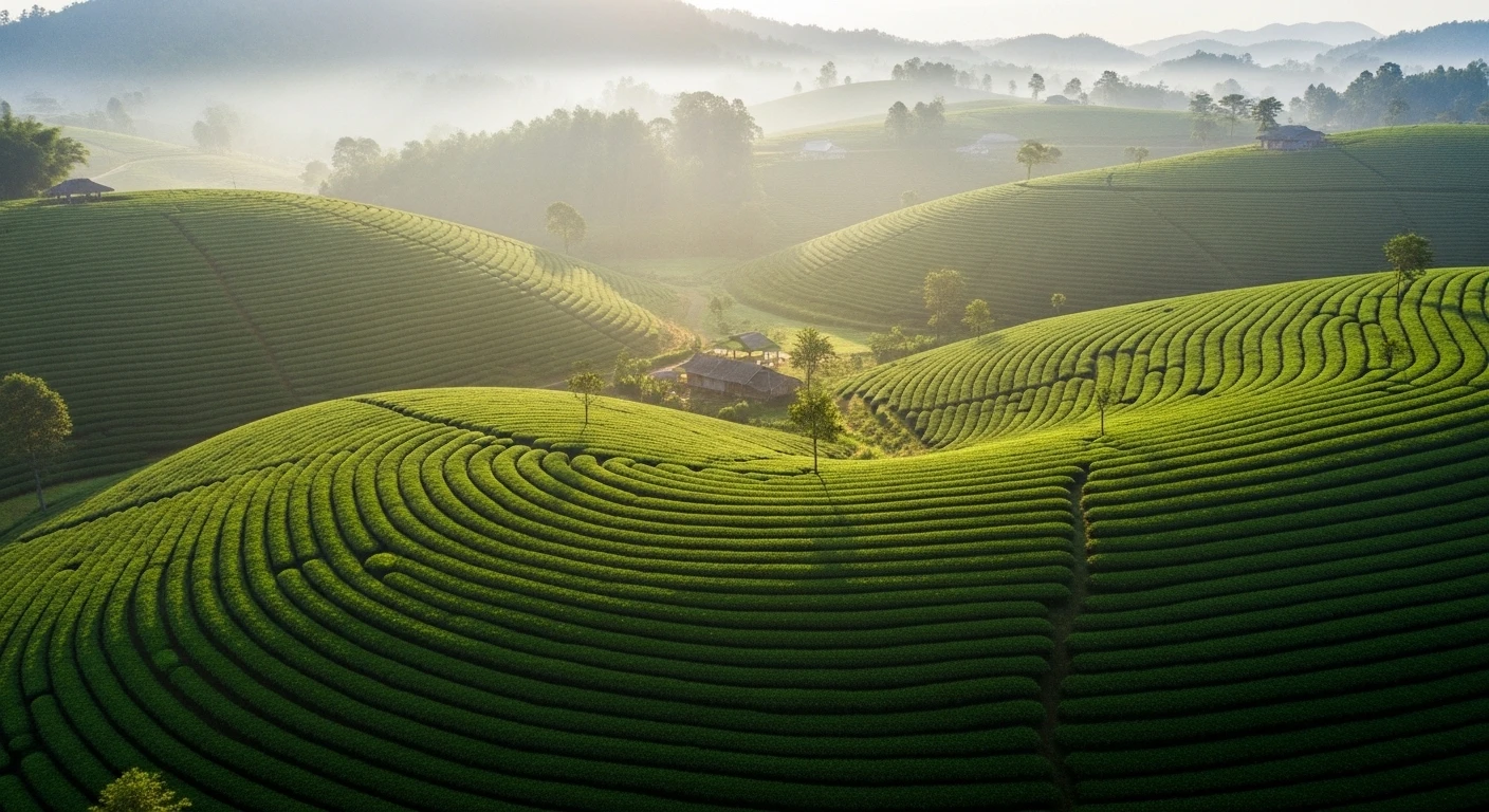 Panoramic view of rolling green tea hills on Moc Chau Plateau, Vietnam
