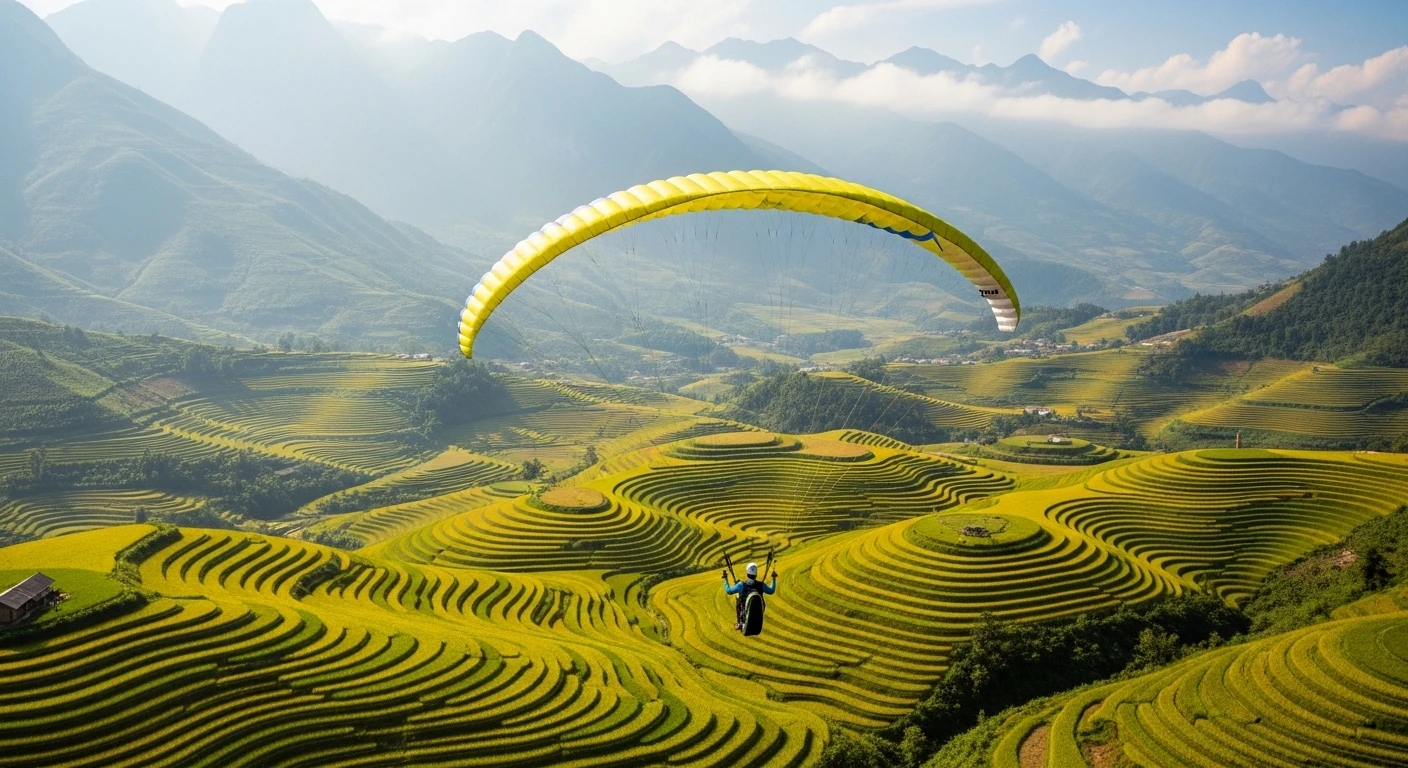 A paraglider soaring over the golden Mu Cang Chai rice terraces, with mountains in the background.