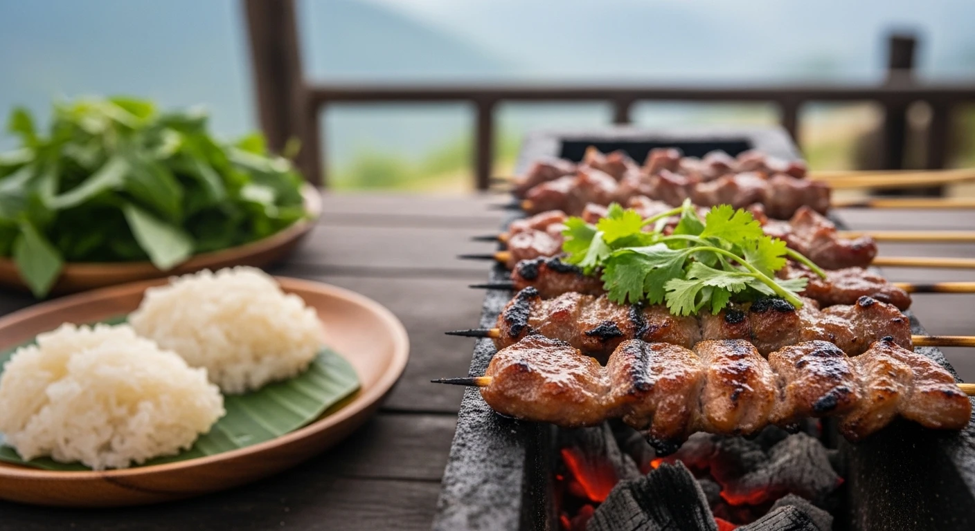 Close-up of skewers of grilled black pork sizzling over charcoal, with visible char marks and herbs.