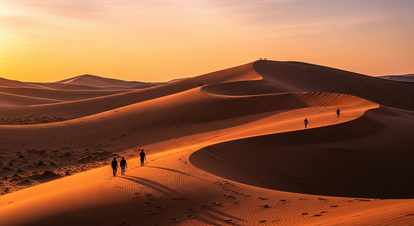 Sunrise over the red sand dunes of Mui Ne with a few figures walking
