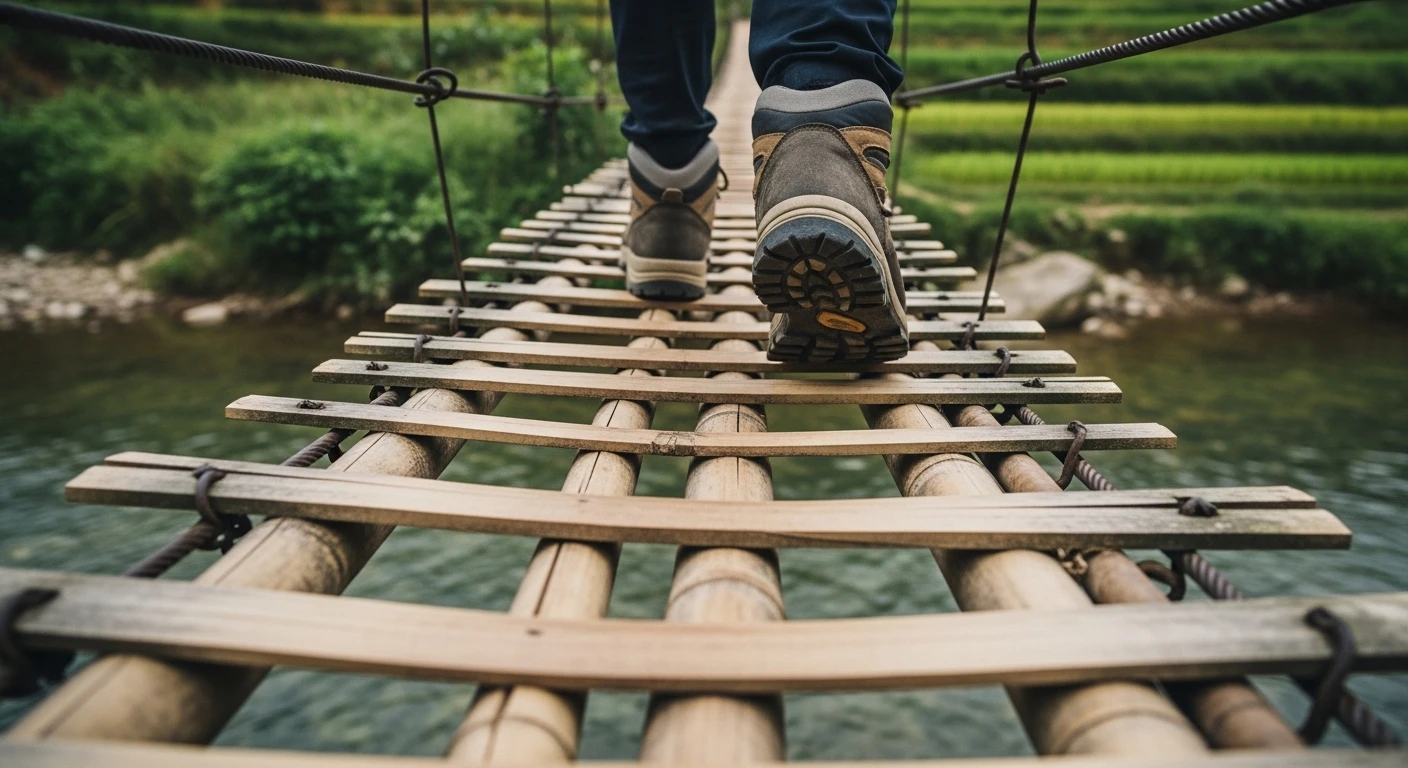 Close-up of a person walking across a narrow bamboo suspension bridge over a stream in Muong Hoa Valley