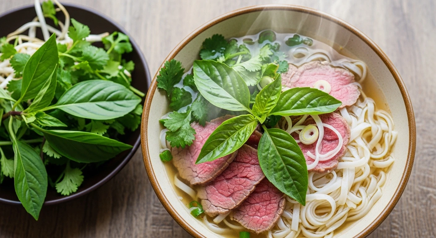 A steaming bowl of pho with fresh herbs and chopsticks, served on a simple wooden table