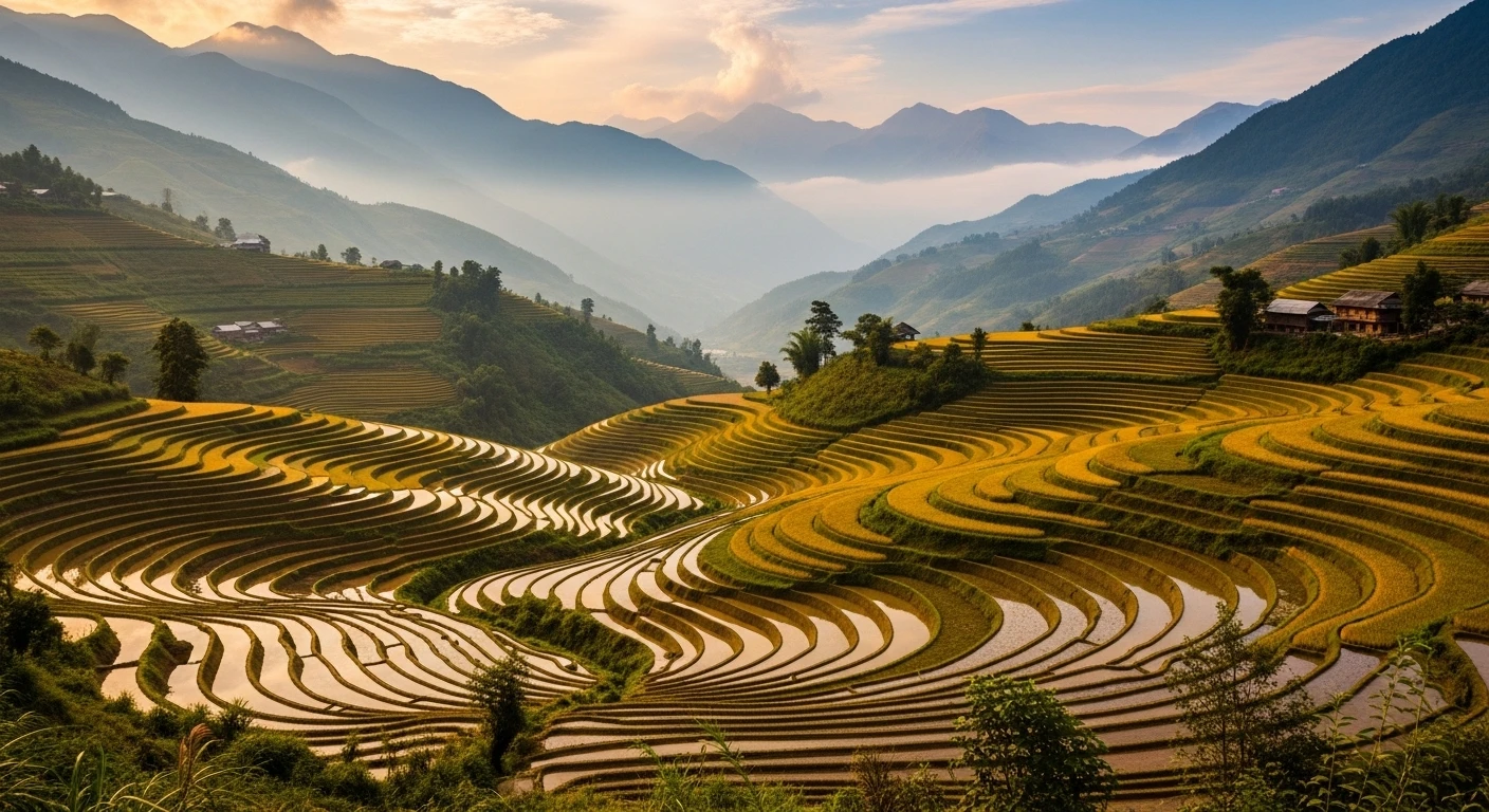 Expansive view of Muong Hoa Valley with cascading rice terraces under a misty sky