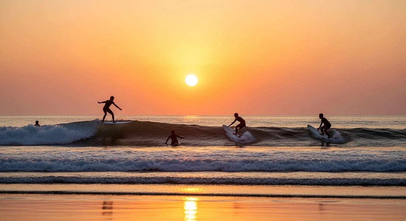 Surfers catching gentle waves at My Khe Beach, Da Nang during sunrise